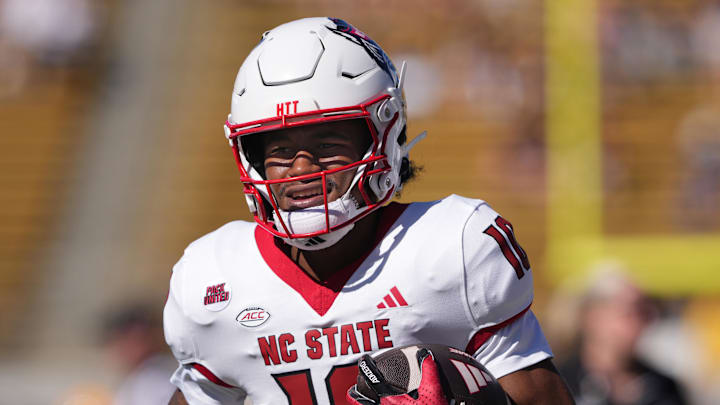 Oct 19, 2024; Berkeley, California, USA; North Carolina State Wolfpack wide receiver Kevin Concepcion (10) warms up before the game against the California Golden Bears at California Memorial Stadium. Mandatory Credit: Darren Yamashita-Imagn Images