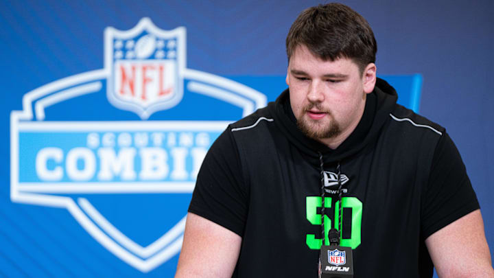 Feb 28, 2026; Indianapolis, IN, USA; Northwestern offensive lineman Caleb Tiernan (OL50) speaks to members of the media during the NFL Combine at the Indiana Convention Center. Mandatory Credit: Jacob Musselman-Imagn Images