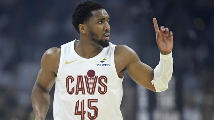 Cleveland Cavaliers guard Donovan Mitchell (45) reacts in the first quarter against the Indiana Pacers during game two of the second round of the 2025 NBA Playoffs at Rocket Arena. 