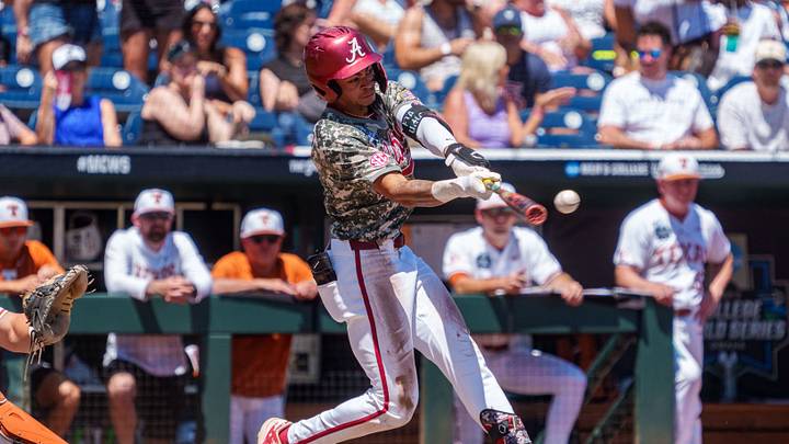 Jun 14, 2026; Omaha, NE, USA; Alabama Crimson Tide shortstop Justin Lebron (1) hits a single against the Texas Longhorns during the third inning at Charles Schwab Field. Mandatory Credit: Dylan Widger-Imagn Images Jun 14, 2026; Omaha, NE, USA; Alabama Crimson Tide shortstop Justin Lebron (1) hits a single against the Texas Longhorns during the third inning at Charles Schwab Field. Mandatory Credit: Dylan Widger-Imagn Images