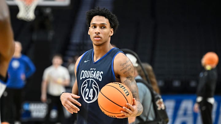 Mar 18, 2026; Portland, OR, USA; BYU Cougars forward Dominique Diomande (24) looks on during a practice session ahead of the first round of the men's 2026 NCAA Tournament at Moda Center. Mandatory Credit: Craig Strobeck-Imagn Images