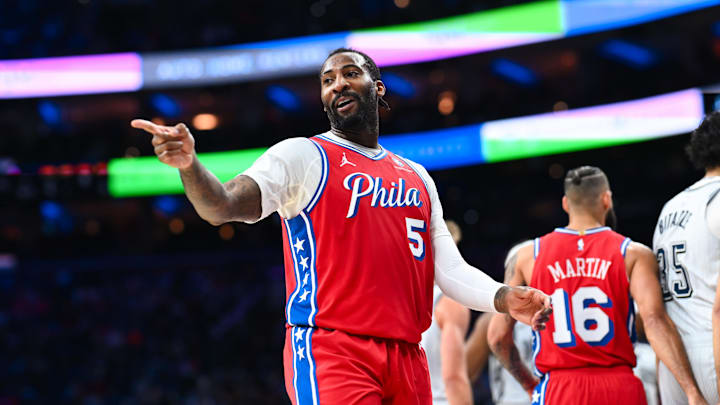 Dec 6, 2024; Philadelphia, Pennsylvania, USA; Philadelphia 76ers center Andre Drummond (5) reacts against the Orlando Magic in the second quarter at Wells Fargo Center. Mandatory Credit: Kyle Ross-Imagn Images