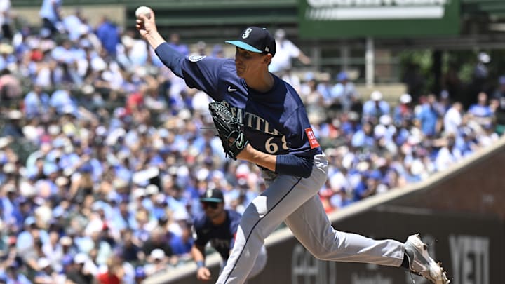 Seattle Mariners pitcher George Kirby (68) delivers against the Chicago Cubs during the first inning at Wrigley Field on June 20. 