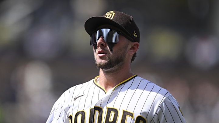 Jackson Merrill (3) comes off the field during the sixth inning against the San Francisco Giants at Petco Park. Jackson Merrill (3) comes off the field during the sixth inning against the San Francisco Giants at Petco Park.