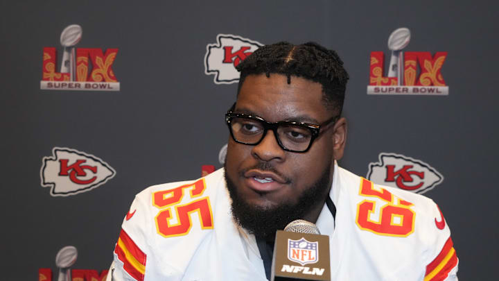 Feb 5, 2025; New Orleans, LA, USA;  Kansas City Chiefs guard Trey Smith (65) in a press conference ahead of Super Bowl LIX at New Orleans Marriott. Mandatory Credit: Kirby Lee-Imagn Images