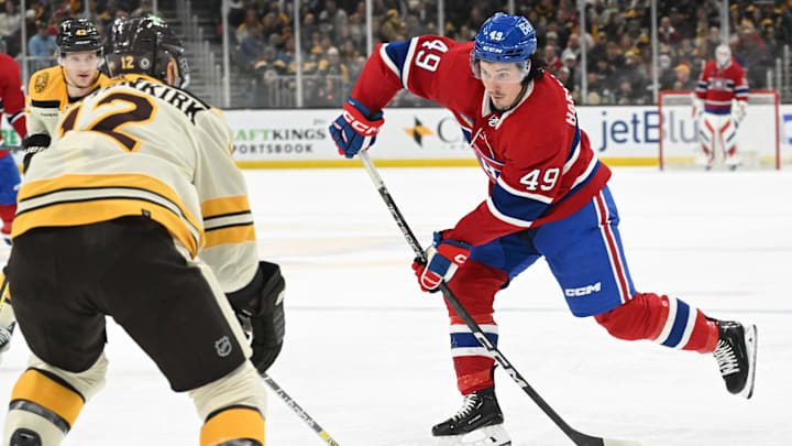 Jan 20, 2024; Boston, Massachusetts, USA; Montreal Canadiens left wing Rafael Harvey-Pinard