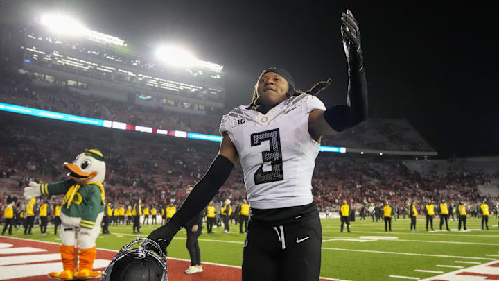 Nov 16, 2024; Madison, Wisconsin, USA;  Oregon Ducks defensive back Brandon Johnson (3) celebrates following the game against the Wisconsin Badgers at Camp Randall Stadium. Mandatory Credit: Jeff Hanisch-Imagn Images