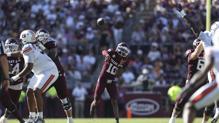 Sep 27, 2025; College Station, Texas, USA; Texas A&M Aggies quarterback Marcel Reed (10) passes the ball during the third quarter against the Auburn Tigers at Kyle Field. Mandatory Credit: Troy Taormina-Imagn Images