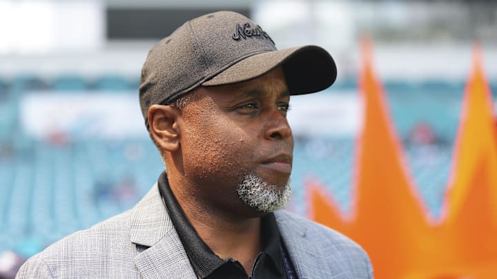 Oct 12, 2025; Miami Gardens, Florida, USA; Miami Dolphins general manger Chris Grier enters the field prior to a game between the Miami Dolphins and the Los Angeles Chargers at Hard Rock Stadium. Mandatory Credit: Rich Storry-Imagn Images