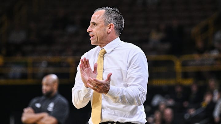 Nov 20, 2025; Iowa City, Iowa, USA; Iowa Hawkeyes head coach Ben McCollum reacts during the first half against the Chicago State Cougars at Carver-Hawkeye Arena. Mandatory Credit: Jeffrey Becker-Imagn Images