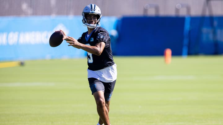 Jul 26, 2025; Charlotte, NC, USA; Carolina Panthers quarterback Bryce Young (9) throws during practice at training camp. Mandatory Credit: Scott Kinser-Imagn Images Jul 26, 2025; Charlotte, NC, USA; Carolina Panthers quarterback Bryce Young (9) throws during practice at training camp. Mandatory Credit: Scott Kinser-Imagn Images