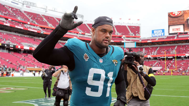 Sep 28, 2025; Santa Clara, California, USA; Jacksonville Jaguars defensive tackle Arik Armstead (91) after the game against the San Francisco 49ers at Levi's Stadium. Mandatory Credit: Darren Yamashita-Imagn Images