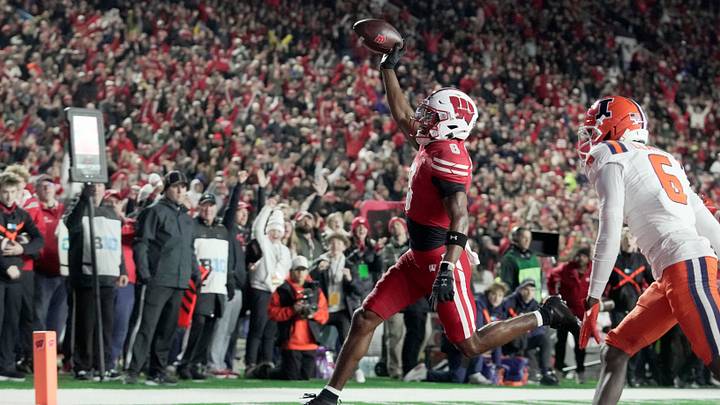 Wisconsin wide receiver Vinny Anthony II (8) scores a touchdown during the first quarter of their game against Illinois Saturday, November 22, 2025 at Camp Randall Stadium in Madison, Wisconsin
