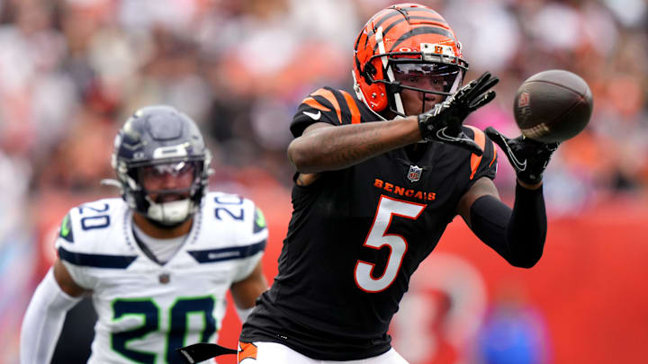 Cincinnati Bengals wide receiver Tee Higgins (5) catches a pass in the third quarter during an NFL football game between the Seattle Seahawks and the Cincinnati Bengals Sunday, Oct. 15, 2023, at Paycor Stadium in Cincinnati. Cincinnati Bengals wide receiver Tee Higgins (5) catches a pass in the third quarter during an NFL football game between the Seattle Seahawks and the Cincinnati Bengals Sunday, Oct. 15, 2023, at Paycor Stadium in Cincinnati.