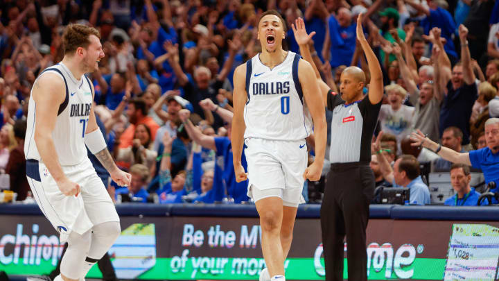 Apr 7, 2024; Dallas, Texas, USA; Dallas Mavericks guard Luka Doncic (77) celebrates after making a