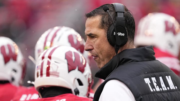 Nov 29, 2024; Madison, Wisconsin, USA;  Wisconsin Badgers head coach Luke Fickell looks on during the fourth quarter against the Minnesota Golden Gophers at Camp Randall Stadium. Mandatory Credit: Jeff Hanisch-Imagn Images