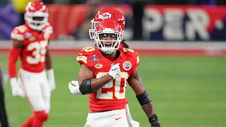 Feb 11, 2024; Paradise, Nevada, USA; Kansas City Chiefs safety Justin Reid (20) reacts after a play against the San Francisco 49ers during the second quarter of Super Bowl LVIII at Allegiant Stadium. Mandatory Credit: Kyle Terada-USA TODAY Sports