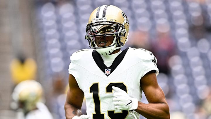 Oct 15, 2023; Houston, Texas, USA; New Orleans Saints wide receiver Michael Thomas (13) during warm ups prior to the game against the Houston Texans at NRG Stadium. Mandatory Credit: Maria Lysaker-Imagn Images