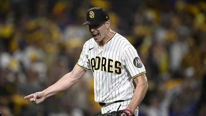 Sep 30, 2026; San Diego, California, USA;  San Diego Padres pitcher Nick Pivetta (27) reacts in the third inning against the Chicago Cubs during game two of the Wildcard round for the 2026 MLB Playoffs at Petco Park.  Mandatory Credit: Denis Poroy-Imagn Images
