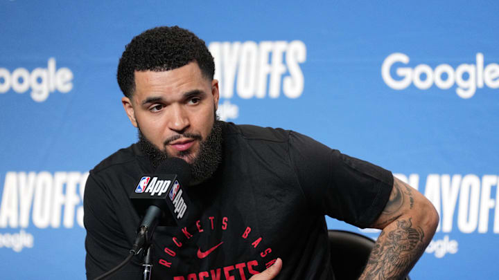 Apr 26, 2025; San Francisco, California, USA; Houston Rockets guard Fred VanVleet talks to media members after game three of first round for the 2024 NBA Playoffs at Chase Center. Mandatory Credit: Darren Yamashita-Imagn Images