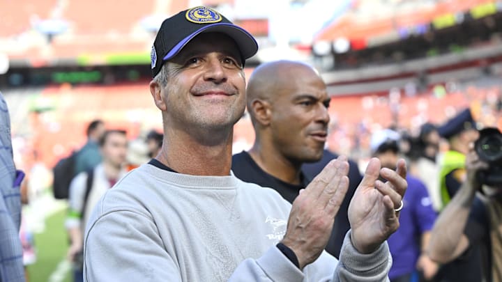 Oct 1, 2023; Cleveland, Ohio, USA; Baltimore Ravens head coach John Harbaugh walks off the field after a win over the Cleveland Browns at Cleveland Browns Stadium. Mandatory Credit: David Richard-Imagn Images