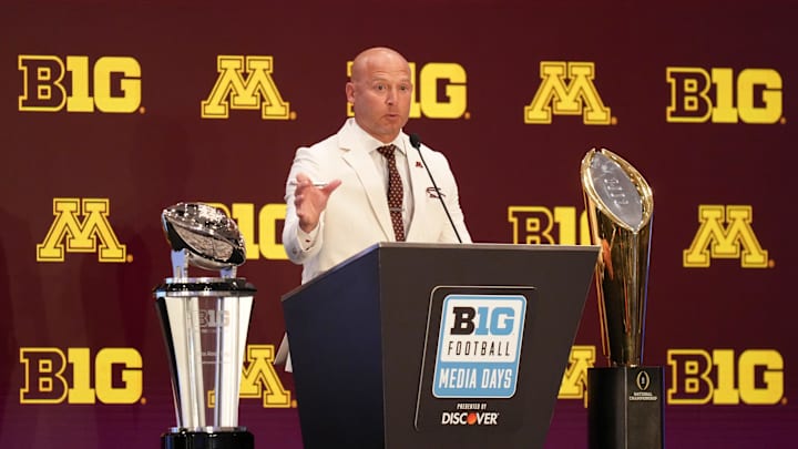 Jul 23, 2025; Las Vegas, NV, USA; Minnesota head coach P.J. Fleck speaks to the media during the Big Ten NCAA college football media days at Mandalay Bay Resort. Mandatory Credit: Lucas Peltier-Imagn Images