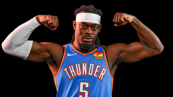 Oklahoma guard Luguentz Dort (5) poses for a photo shoot during Thunder media day at Paycom Center in Oklahoma City on Monday, Sept. 29, 2025. Oklahoma guard Luguentz Dort (5) poses for a photo shoot during Thunder media day at Paycom Center in Oklahoma City on Monday, Sept. 29, 2025.