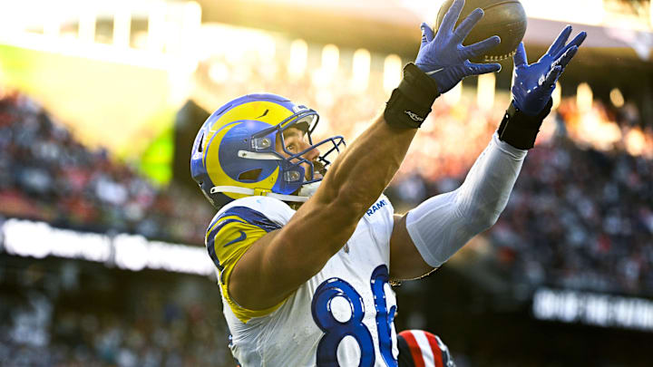 Nov 17, 2024; Foxborough, Massachusetts, USA;  Los Angeles Rams tight end Colby Parkinson (86) makes a catch for a touchdown against the New England Patriots during the second half at Gillette Stadium. Mandatory Credit: Eric Canha-Imagn Images