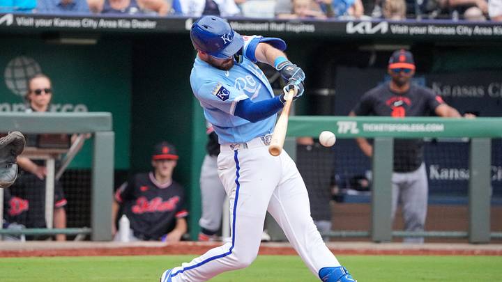 Aug 23, 2026; Kansas City, Missouri, USA; Kansas City Royals third baseman Nick Loftin (12) hits a one run single against the Detroit Tigers during the eighth inning at Kauffman Stadium. Mandatory Credit: Denny Medley-Imagn Images Aug 23, 2026; Kansas City, Missouri, USA; Kansas City Royals third baseman Nick Loftin (12) hits a one run single against the Detroit Tigers during the eighth inning at Kauffman Stadium. Mandatory Credit: Denny Medley-Imagn Images