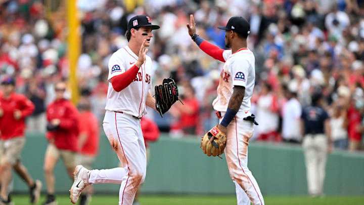 Jul 27, 2025; Boston, Massachusetts, USA; Boston Red Sox right fielder Roman Anthony (19) high-fives center fielder Ceddanne Rafaela (3) after a game against the Los Angeles Dodgers at Fenway Park. Mandatory Credit: Brian Fluharty-Imagn Images Jul 27, 2025; Boston, Massachusetts, USA; Boston Red Sox right fielder Roman Anthony (19) high-fives center fielder Ceddanne Rafaela (3) after a game against the Los Angeles Dodgers at Fenway Park. Mandatory Credit: Brian Fluharty-Imagn Images