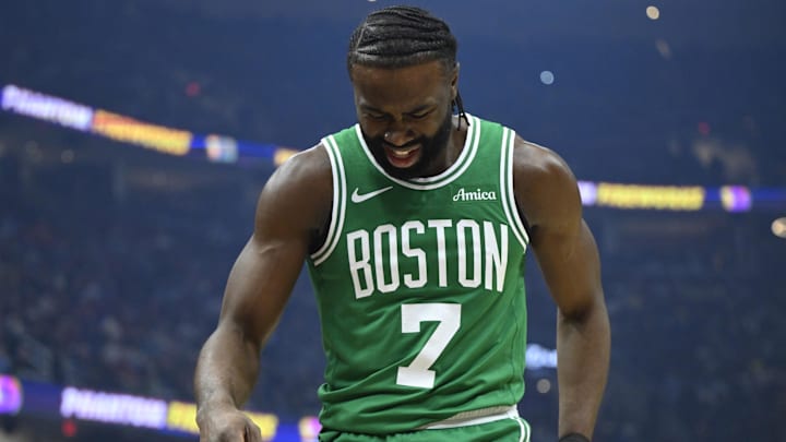Feb 4, 2025; Cleveland, Ohio, USA; Boston Celtics forward Jaylen Brown (7) reacts in the first quarter against the Cleveland Cavaliers at Rocket Mortgage FieldHouse. Mandatory Credit: David Richard-Imagn Images