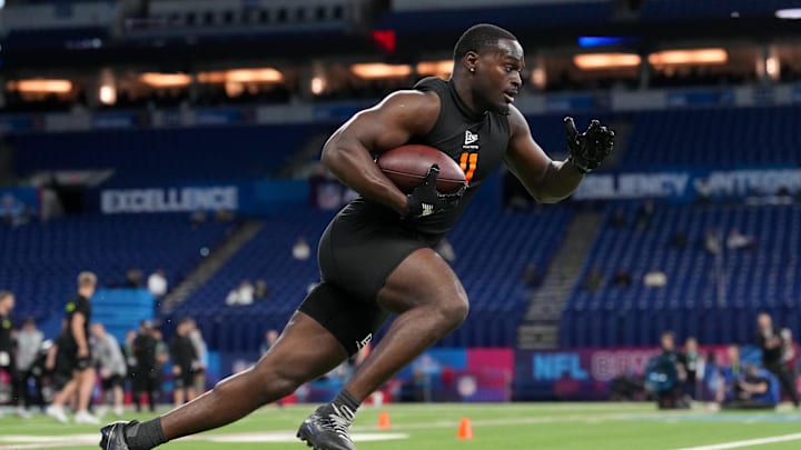Notre Dame running back Jeremiyah Love (RB11) during the NFL Scouting Combine at Lucas Oil Stadium. 