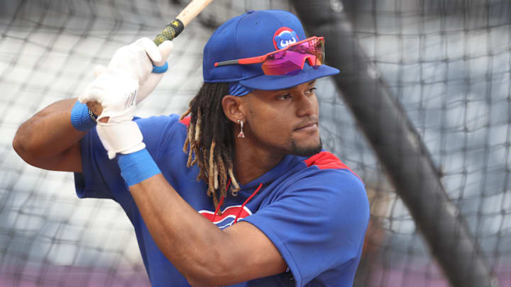Sep 15, 2025; Pittsburgh, Pennsylvania, USA;  Chicago Cubs outfielder Kevin Alcantara (13) in the batting cage before the game against the Pittsburgh Pirates at PNC Park. Mandatory Credit: Charles LeClaire-Imagn Images