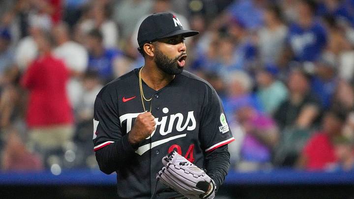 Aug 6, 2026; Kansas City, Missouri, USA; Minnesota Twins pitcher Yoendrys Gómez (94) celebrates after the win over the Kansas City Royals at Kauffman Stadium. Mandatory Credit: Denny Medley-Imagn Images