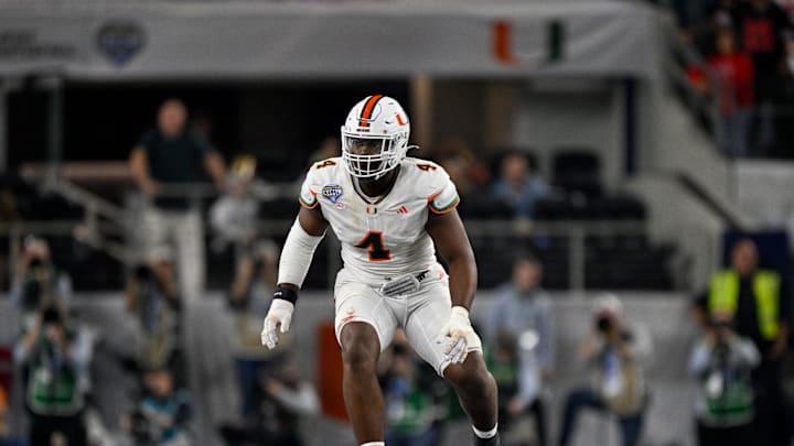 Dec 31, 2025; Arlington, TX, USA; Miami Hurricanes defensive lineman Rueben Bain Jr. (4) rushes the line during the 2025 Cotton Bowl and quarterfinal game of the College Football Playoff at AT&T Stadium. Mandatory Credit: Jerome Miron-Imagn Images