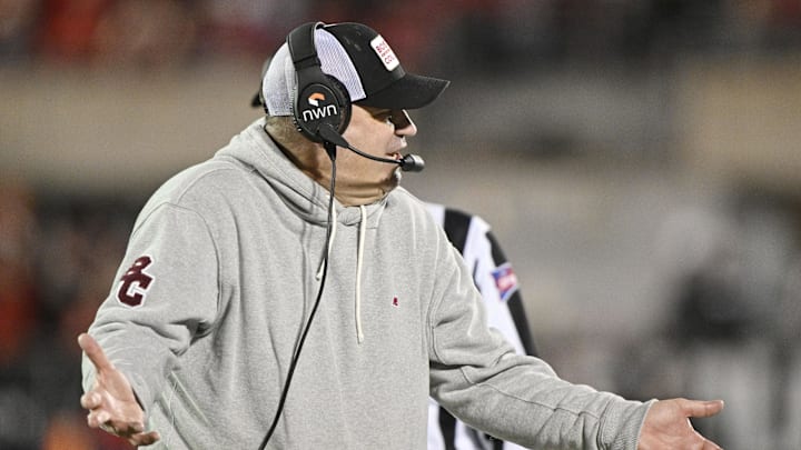 Oct 25, 2025; Louisville, Kentucky, USA; Boston College Eagles head coach Bill O'Brien questions a call during the second half against the Louisville Cardinals at L&N Federal Credit Union Stadium. Louisville defeated Boston College 38-24. Mandatory Credit: Jamie Rhodes-Imagn Images Oct 25, 2025; Louisville, Kentucky, USA; Boston College Eagles head coach Bill O'Brien questions a call during the second half against the Louisville Cardinals at L&N Federal Credit Union Stadium. Louisville defeated Boston College 38-24. Mandatory Credit: Jamie Rhodes-Imagn Images