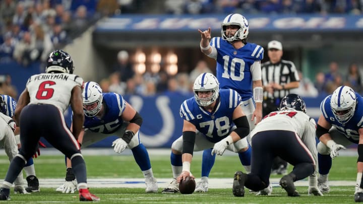 Indianapolis Colts quarterback Gardner Minshew II (10) calls out a play on the line of scrimmage Saturday, Jan. 6, 2024, during a game against the Houston Texans at Lucas Oil Stadium in Indianapolis.