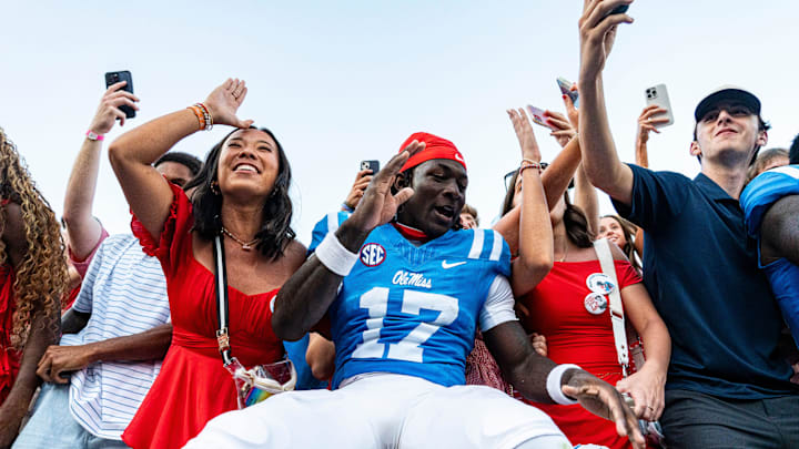 Ole Miss wide receiver Winston Watkins (17) celebrates with fans after a college football game between Ole Miss and LSU at Vaught-Hemingway Stadium in Oxford, Miss., on Saturday, Sept. 27, 2025. Ole Miss defeated LSU 24-19. Ole Miss wide receiver Winston Watkins (17) celebrates with fans after a college football game between Ole Miss and LSU at Vaught-Hemingway Stadium in Oxford, Miss., on Saturday, Sept. 27, 2025. Ole Miss defeated LSU 24-19.