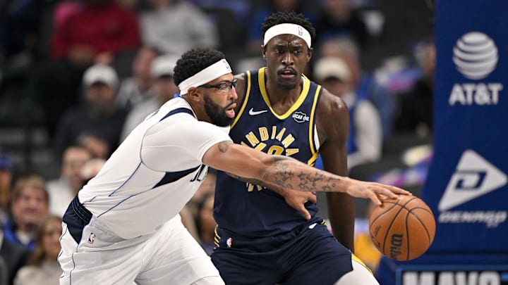 Oct 29, 2025; Dallas, Texas, USA; Dallas Mavericks forward Anthony Davis (3) controls the ball in front of Indiana Pacers forward Pascal Siakam (43) during the first quarter at the American Airlines Center. Mandatory Credit: Jerome Miron-Imagn Images Oct 29, 2025; Dallas, Texas, USA; Dallas Mavericks forward Anthony Davis (3) controls the ball in front of Indiana Pacers forward Pascal Siakam (43) during the first quarter at the American Airlines Center. Mandatory Credit: Jerome Miron-Imagn Images