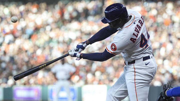 Mar 29, 2025; Houston, Texas, USA; Houston Astros designated hitter Yordan Alvarez (44) bats during the first inning against the New York Mets at Daikin Park. Mar 29, 2025; Houston, Texas, USA; Houston Astros designated hitter Yordan Alvarez (44) bats during the first inning against the New York Mets at Daikin Park.