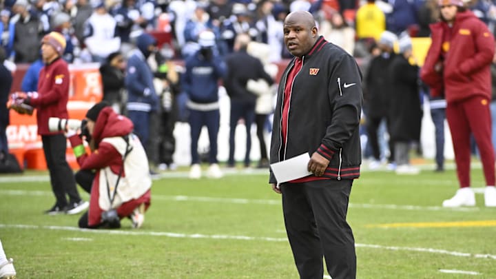Jan 7, 2024; Landover, Maryland, USA; Washington Commanders offensive coordinator Eric Bieniemy on