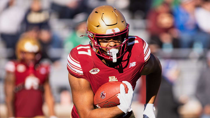 Nov 1, 2025; Chestnut Hill, Massachusetts, USA; Boston College Tight End Jeremiah Franklin (17) runs with the ball during warmups before the game against the Notre Dame Fighting Irish at Alumni Stadium. Mandatory Credit: Edward Finan-Imagn Images Nov 1, 2025; Chestnut Hill, Massachusetts, USA; Boston College Tight End Jeremiah Franklin (17) runs with the ball during warmups before the game against the Notre Dame Fighting Irish at Alumni Stadium. Mandatory Credit: Edward Finan-Imagn Images