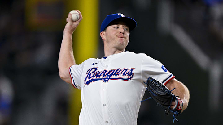 Aug 3, 2024; Arlington, Texas, USA;  Texas Rangers relief pitcher Josh Sborz (66) pitches against the Boston Red Sox during the sixth inning at Globe Life Field. 
