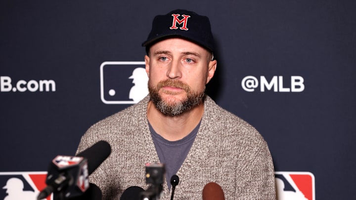 Dec 10, 2024; Dallas, TX, USA; Minnesota Twins manager Rocco Baldelli speaks with the media at the Hilton Anatole during the 2024 MLB Winter Meetings.  Mandatory Credit: Tim Heitman-Imagn Images
