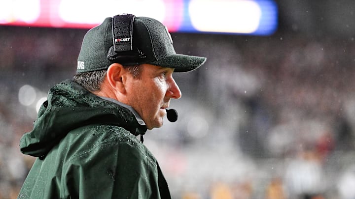 Sep 21, 2024; Chestnut Hill, Massachusetts, USA; Michigan State Spartans head coach Jonathan Smith watches from the sideline during the first half against the Boston College Eagles at Alumni Stadium. Mandatory Credit: Eric Canha-Imagn Images Sep 21, 2024; Chestnut Hill, Massachusetts, USA; Michigan State Spartans head coach Jonathan Smith watches from the sideline during the first half against the Boston College Eagles at Alumni Stadium. Mandatory Credit: Eric Canha-Imagn Images