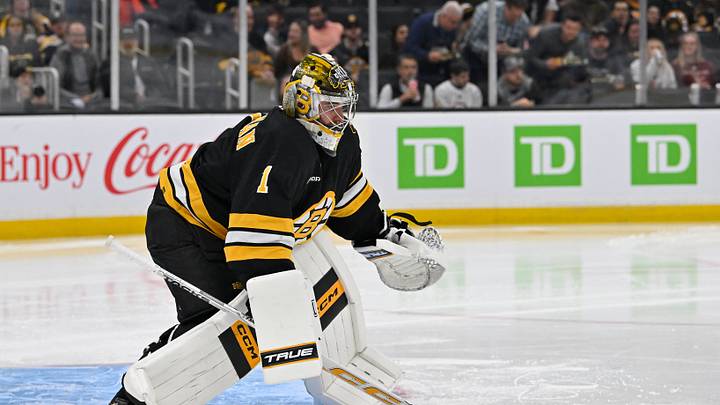 Oct 8, 2026; Boston, Massachusetts, USA; Boston Bruins goaltender Jeremy Swayman (1) paddles the puck away during the second period against the Utah Mammoth at TD Garden. Mandatory Credit: Eric Canha-Imagn Images