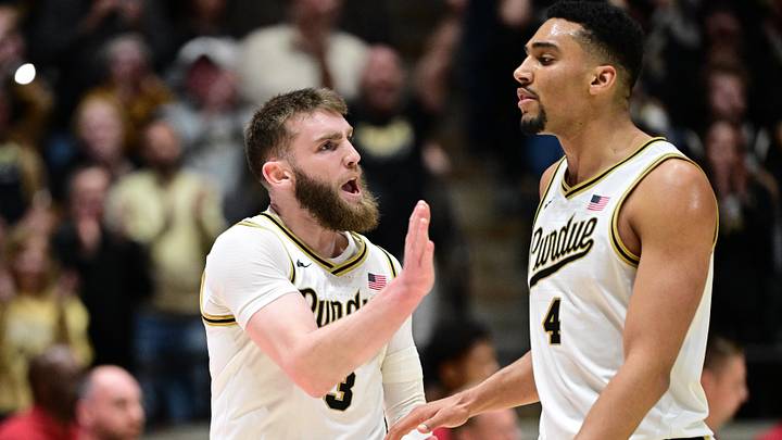 Purdue Boilermakers guard Braden Smith (3) celebrates a basket with forward Trey Kaufman-Renn (4).