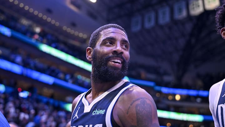 Feb 12, 2025; Dallas, Texas, USA; Dallas Mavericks guard Kyrie Irving (11) after the game between the Dallas Mavericks and the Golden State Warriors at the American Airlines Center. Mandatory Credit: Jerome Miron-Imagn Images