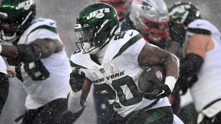 Jan 7, 2024; Foxborough, Massachusetts, USA; New York Jets running back Breece Hall (20) rushes