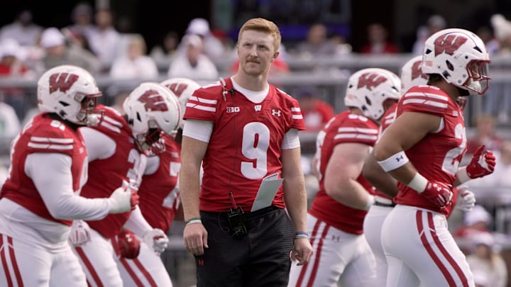 Injured Wisconsin quarterback Billy Edwards Jr. (9) is shown during the second quarter of the game against Middle Tennessee Saturday, September 6, 2025 at Camp Randall Stadium in Milwaukee, Wisconsin.